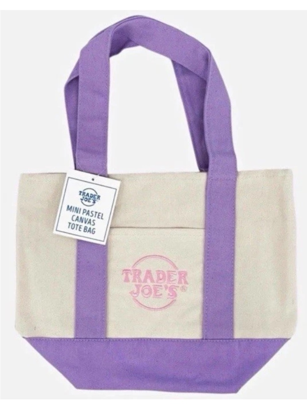 NWT, Trader Joe's mini Cream Canvas Tote with Lavender Accents. Limited edition